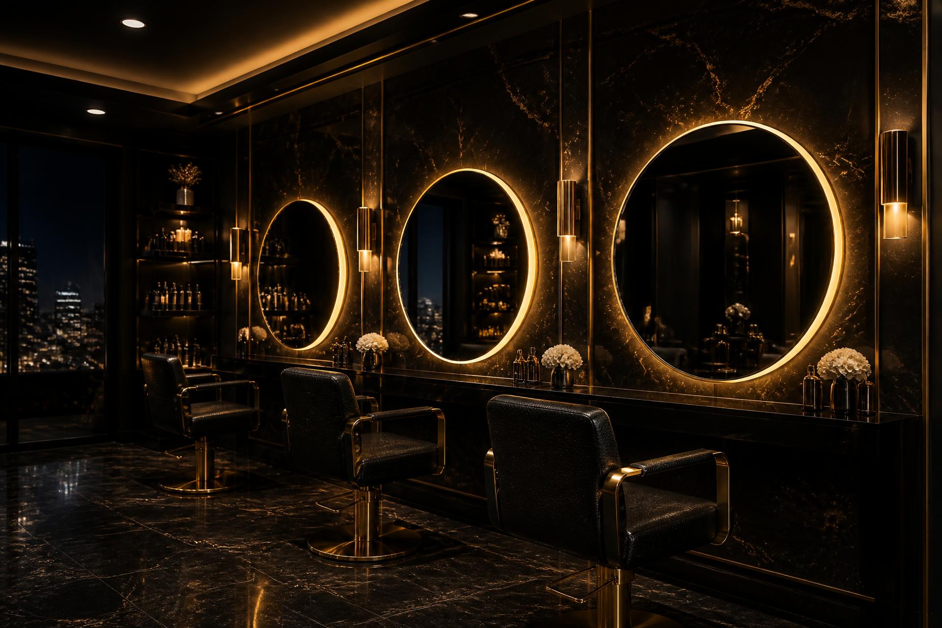 Interior of Premium Old Skool Ampang salon with backlit gold mirrors